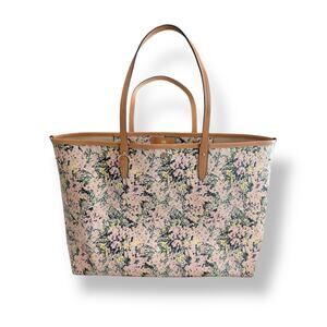 Tory Burch Kerrington Square Tote Bag Flower Field Pink Floral Canvas Leather